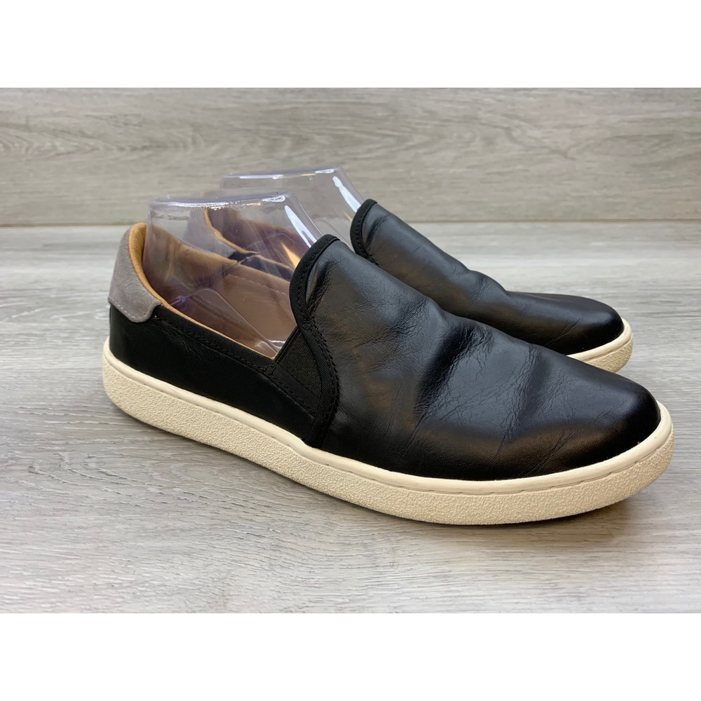 UGG Bren Slip On Black Leather Sneakers Grey Suede Heel Women's 9 Casual Shoes